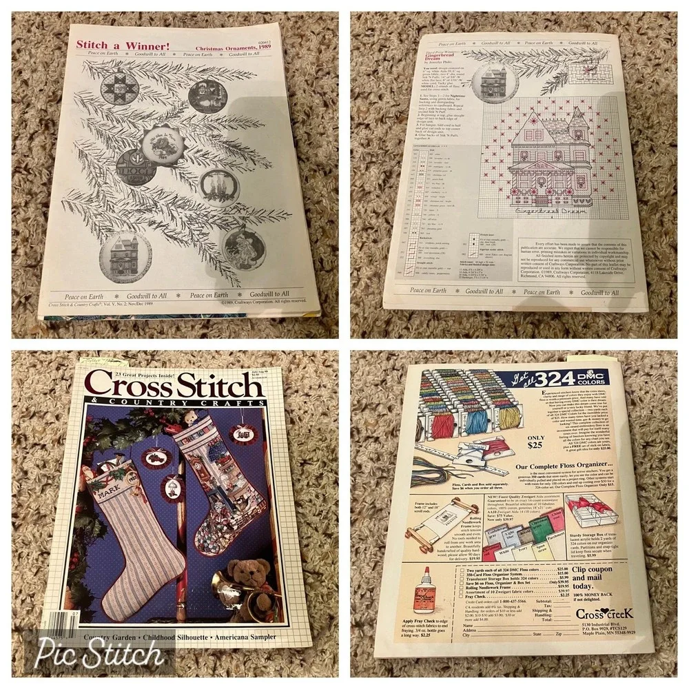 Vintage Cross Stitch Lot: Magazines Patterns Embroidery Hoops Aida Cloth Thread